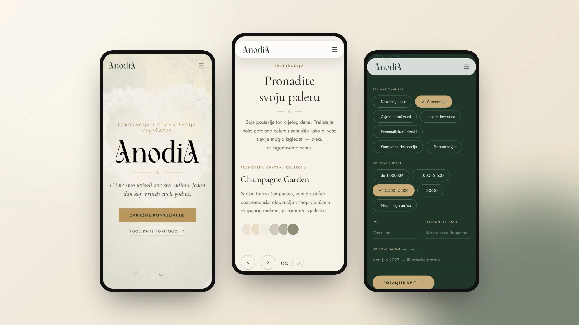 Three mobile screens of the Anodia website: the hero, a colour palette and the inquiry form with selected options