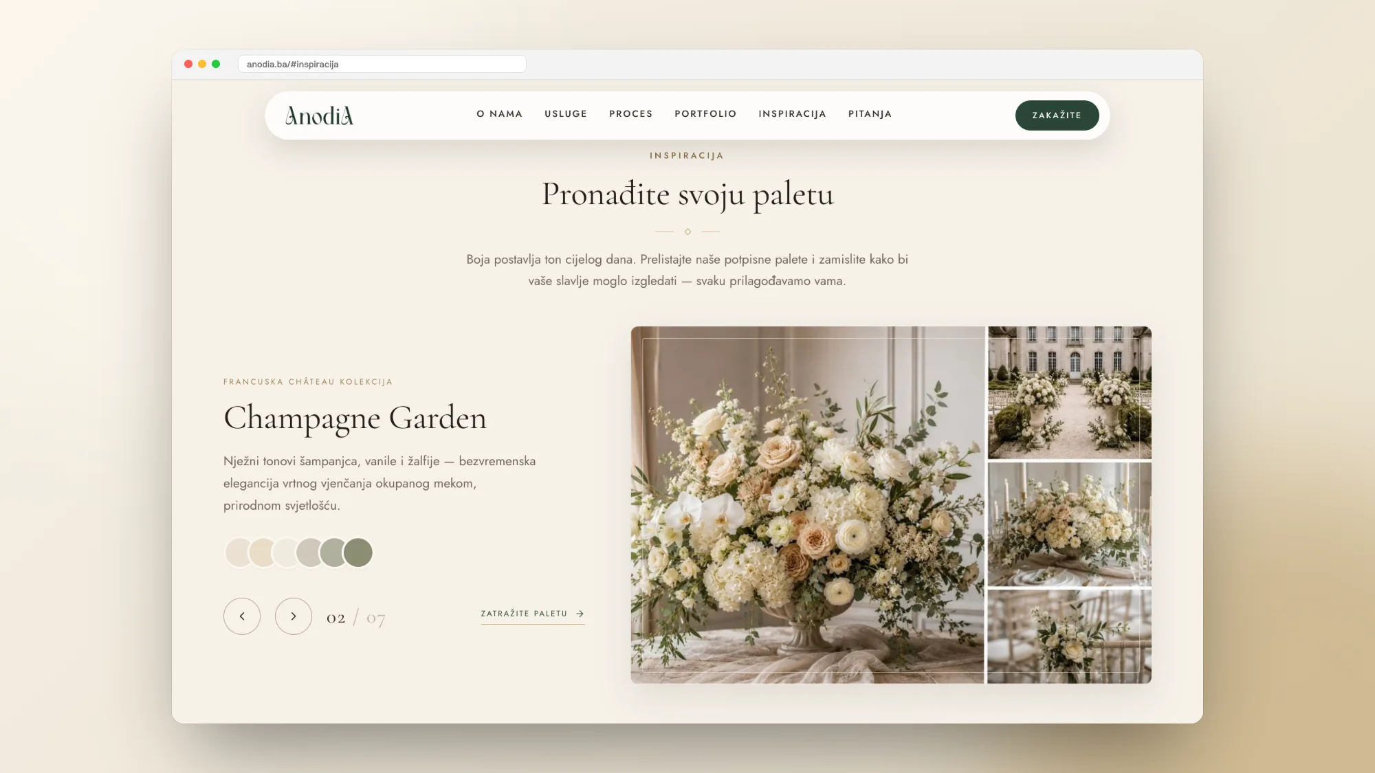 Anodia inspiration section showing the 'Champagne Garden' colour palette with swatches and a gallery of floral setups