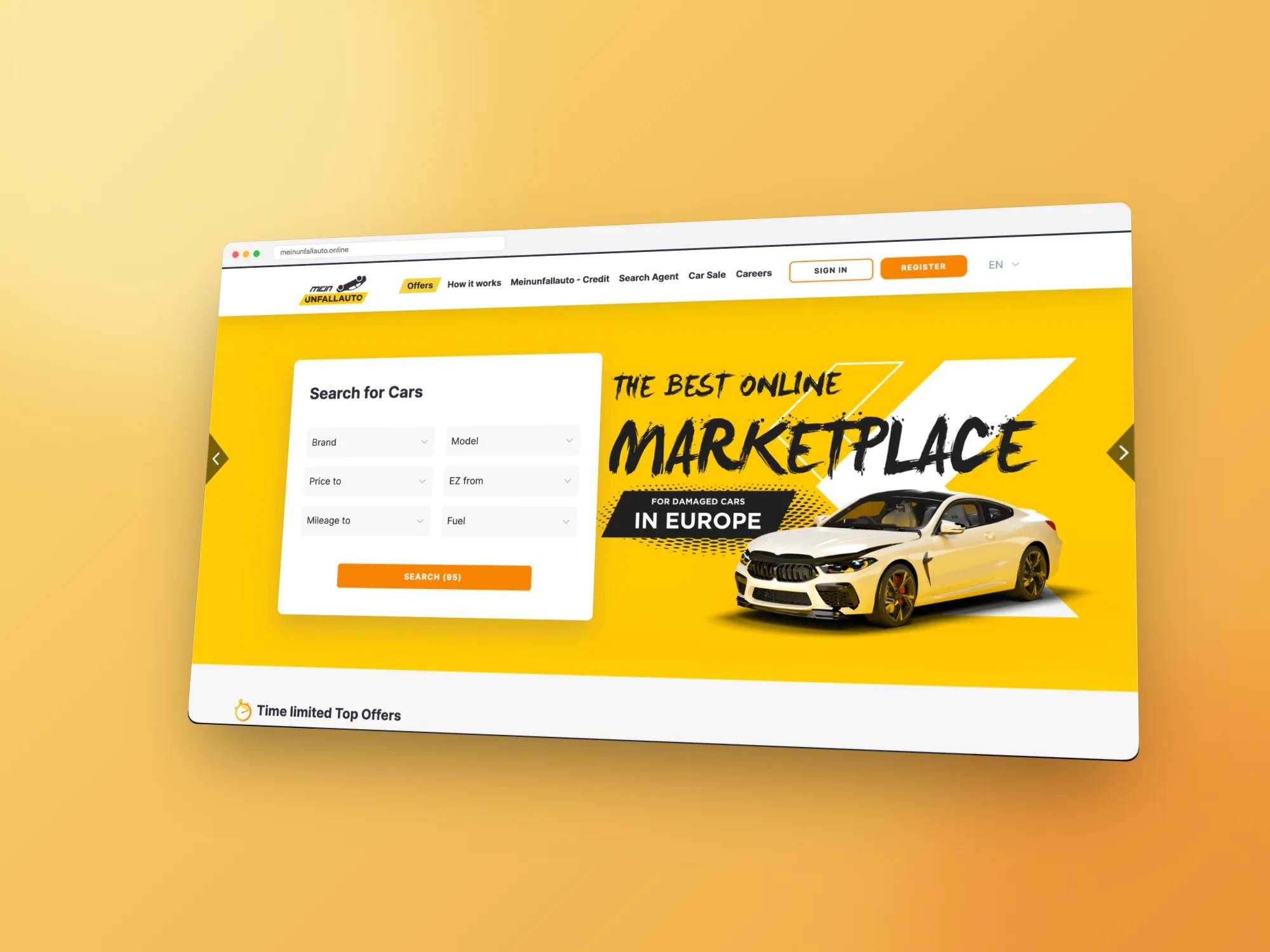 meinunfallauto.online homepage with a car search form and the headline 'The best online marketplace for damaged cars in Europe'