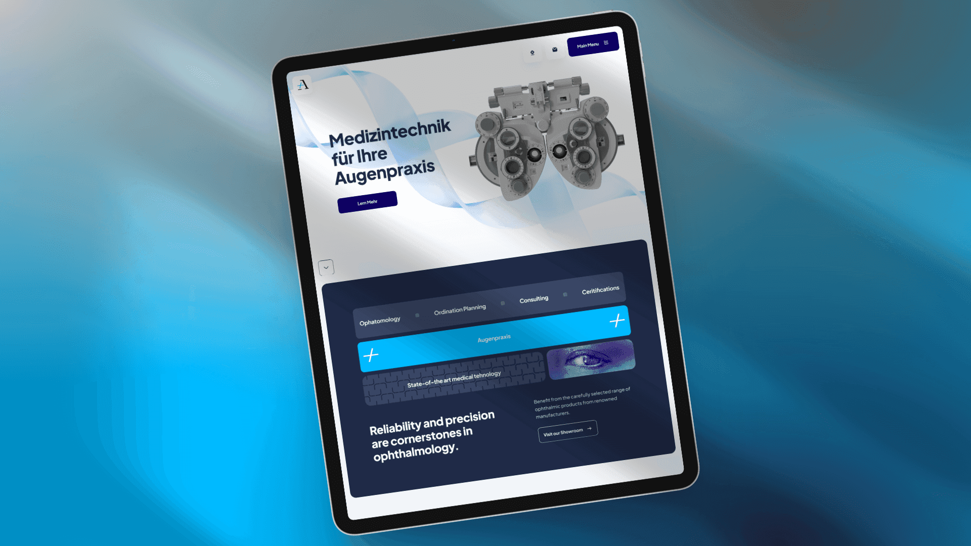 Ophthalmology B2B storefront shown on a tablet, with the 'Medizintechnik für Ihre Augenpraxis' hero