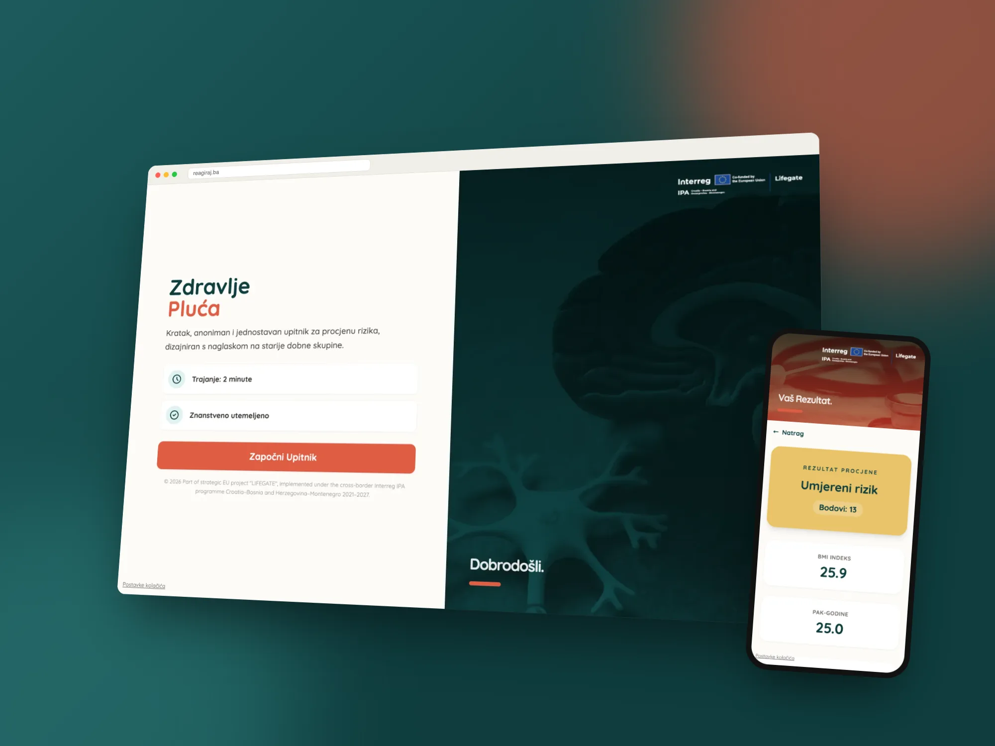 reagiraj.ba landing page ('Zdravlje pluća') in a browser window, with a phone showing a moderate risk result