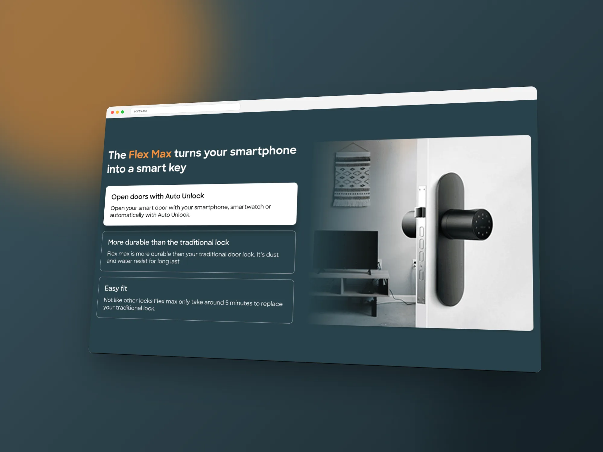 SOREX product page for the Flex Max smart lock in a browser window