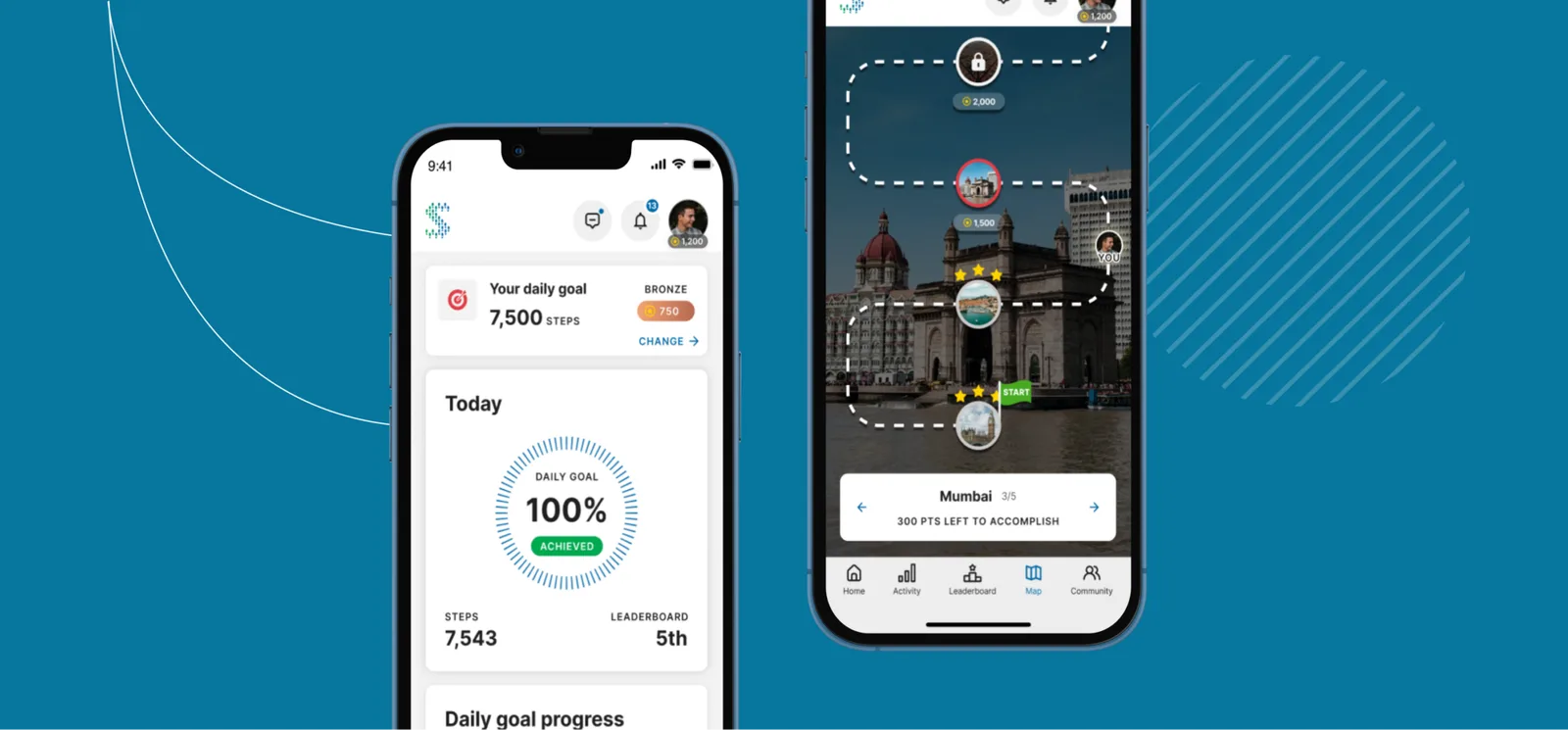 Two phones with the Stepathlon app: a daily goal of 7,500 steps achieved, and a virtual course through Mumbai with checkpoints